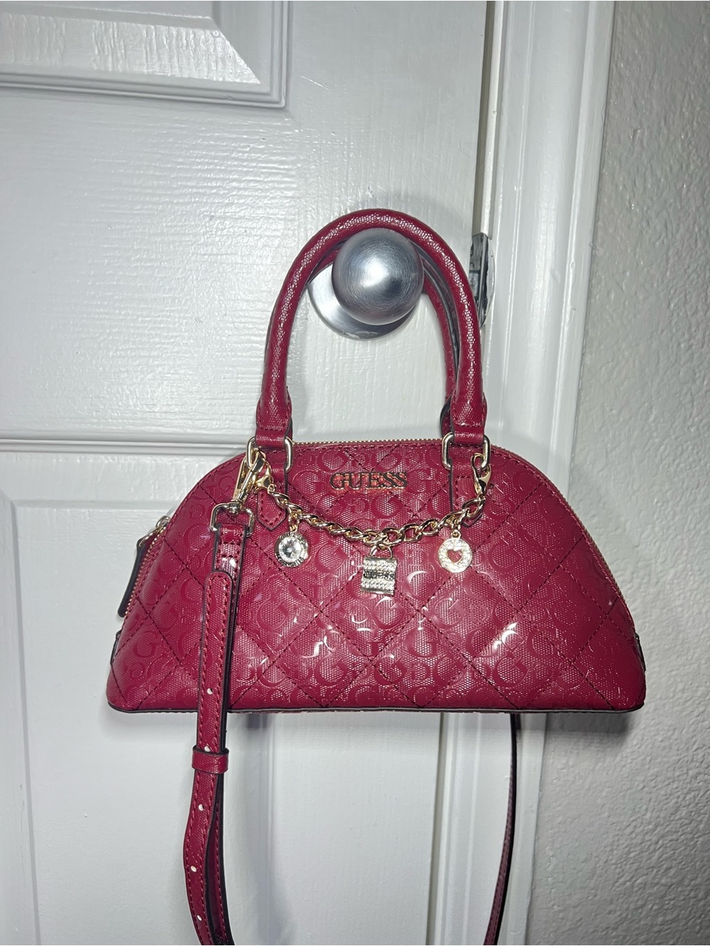 GUESS Quilted Dome Satchel in Deep Berry